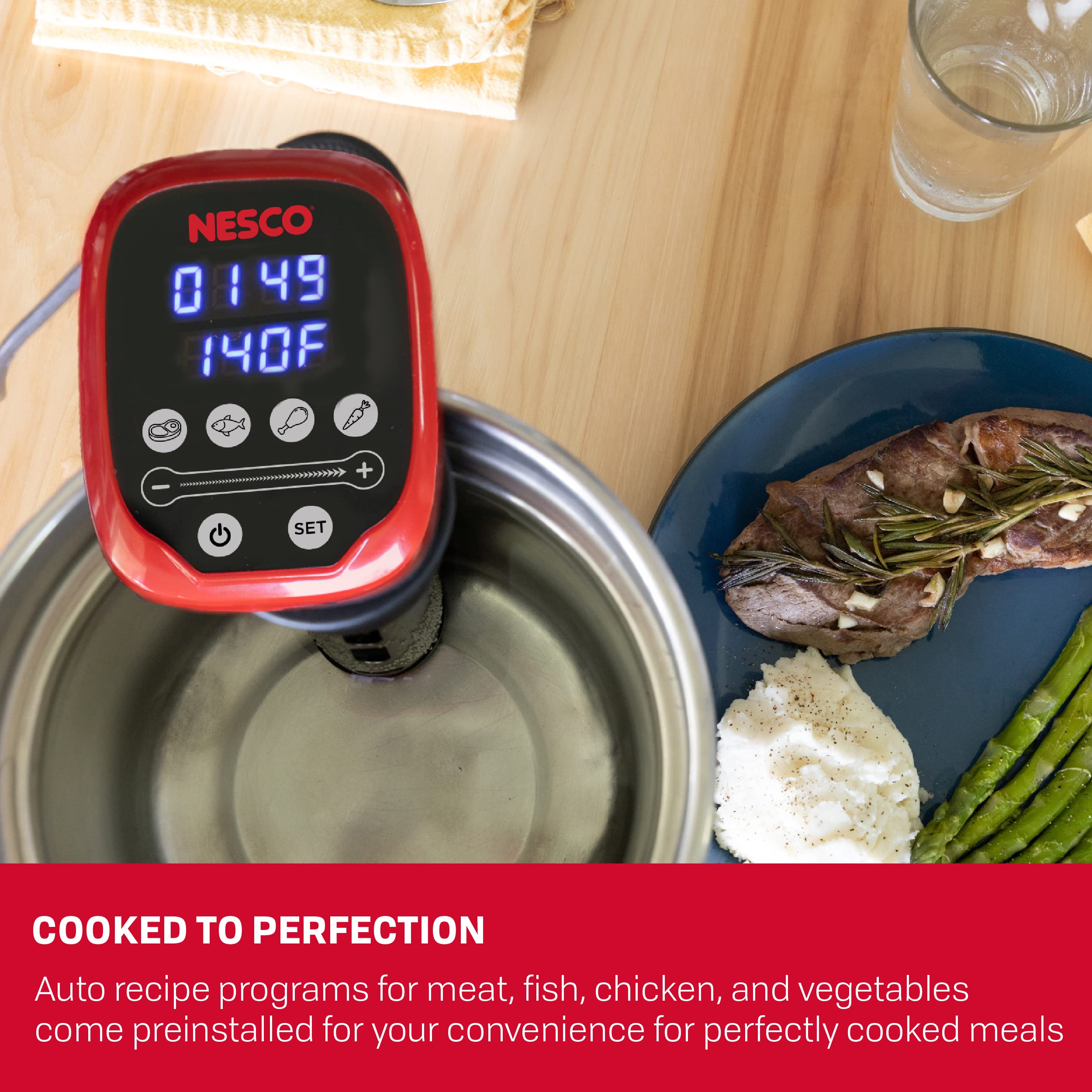 Nesco SVC-1000 Sous Vide Precision Cooker with Digital Display and Pre-Programmed Cooking Options for Meat, Fish, Chicken and Vegetables, 1000 Watts, Red and Black