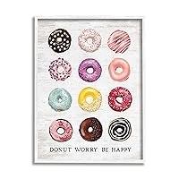 Stupell Industries Donut Worry Be Happy Pun Glazed Farmhouse Desserts, Designed by Lettered and Lined White Framed Wall Art, 24 x 30, Multi-Color