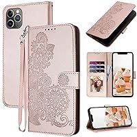 for iPhone 11 Pro Wallet Case,for iPhone 11 Pro Case,Card Holder Floral Leather Kickstand Flip Cases,Wrist Strap,Magnetic Closure,Shockproof Protective Cute Cover for Women Girl (Rose Gold)