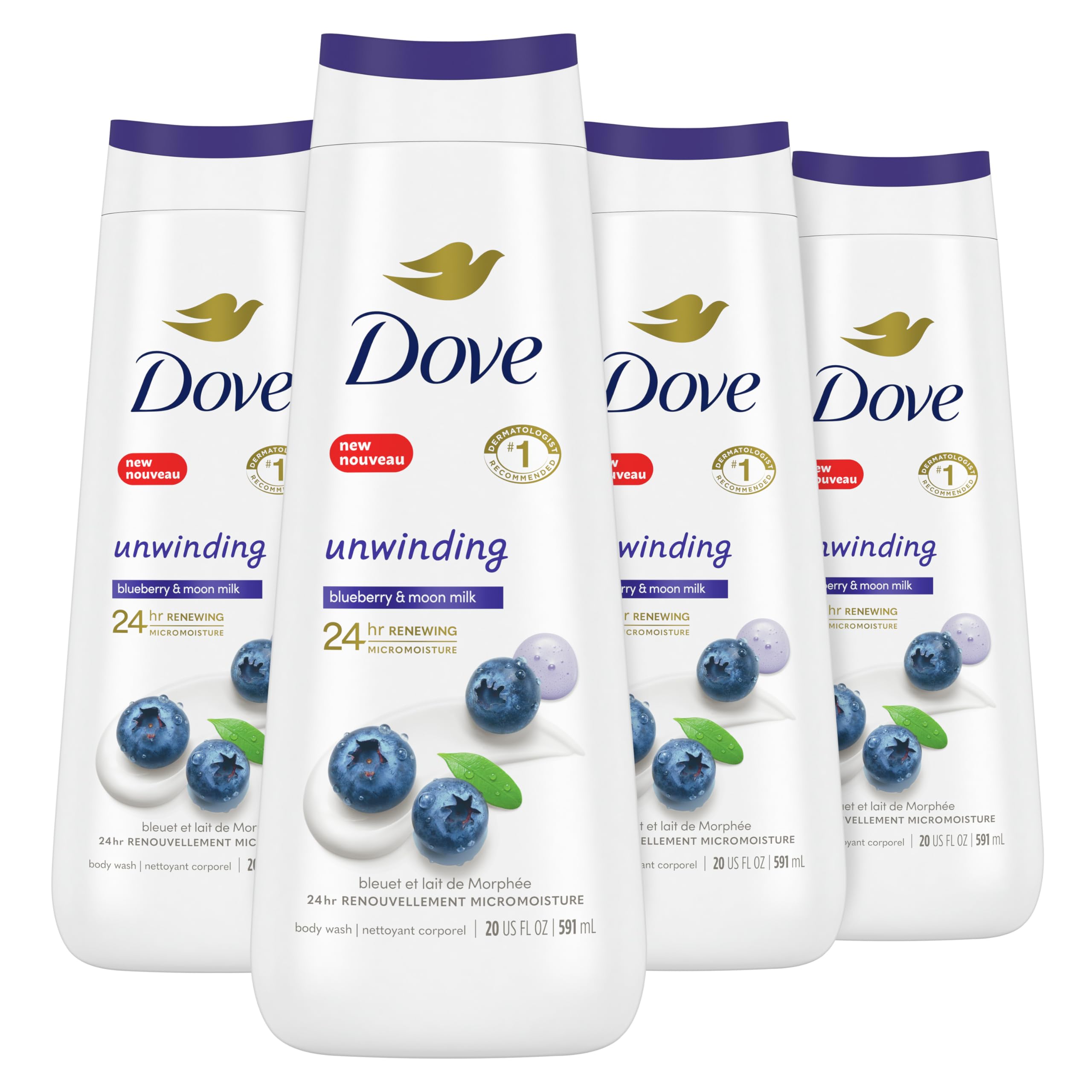 Dove Body Wash Unwinding Blueberry & Moon Milk, 4 Count for Renewed, Healthy Looking Skin, Moisturizing Gentle Skin Cleanser with 24hr Renewing MicroMoisture, 20 oz