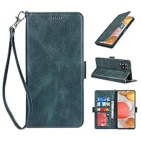 Samsung Galaxy A42 5G Case Wallet - with Card Holder [RFID Blocking]- Luxury PU Leather -Wristband Lanyard - for Women and Men-Galaxy A42 5G Flip Folio Credit Cover-Blue