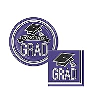Creative Converting Purple School Spirit Graduation Party Supplies - Plates and Napkins - Mortarboard Caps and 'Congrats Grad' Design - Set for 18 People