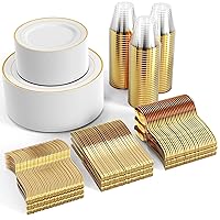 FOCUSLINE 600pcs Gold Dinnerware Set for 100 Guests, Gold Rim Plastic Plates Disposable, 100 Dinner Plates, 100 Salad Plates, 100 Cups, 100 Gold Silverware Set for Parties Wedding
