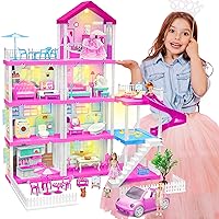 Doll Houses for Girls, Dream Doll House with LED for 7-8 Year Old, 4-Story 7 Rooms with 3 Doll Toy Figure and Furniture & Accessories, Pool Party Doll House, Toy Gifts for Kids Ages 3 4 5 6 7 8 9+