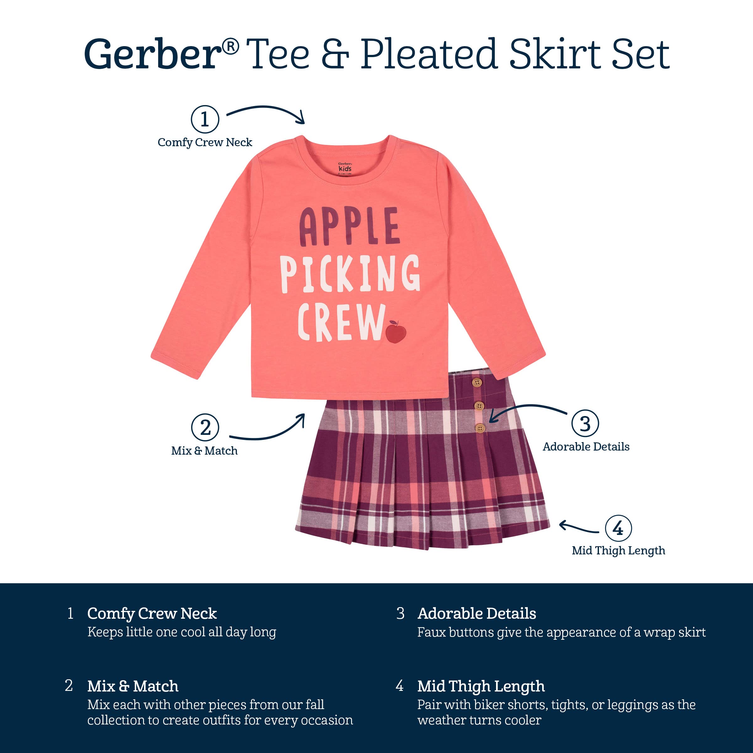 Gerber baby-girls Toddler 2-piece Long-sleeve Tee & Pleated Skirt Set