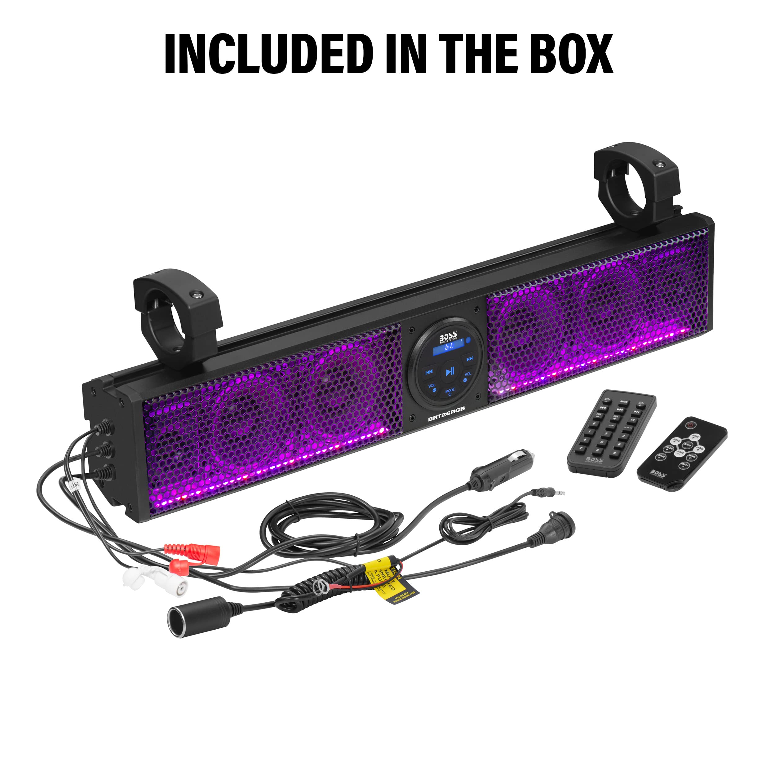 BOSS Audio Systems BRT26RGB ATV UTV Sound Bar System - 26 Inches Wide, IPX5 Rated Weatherproof, Bluetooth Audio, Amplified, 4 inch Speakers, 1 Inch Tweeters, USB Port, RGB Multicolor Illumination