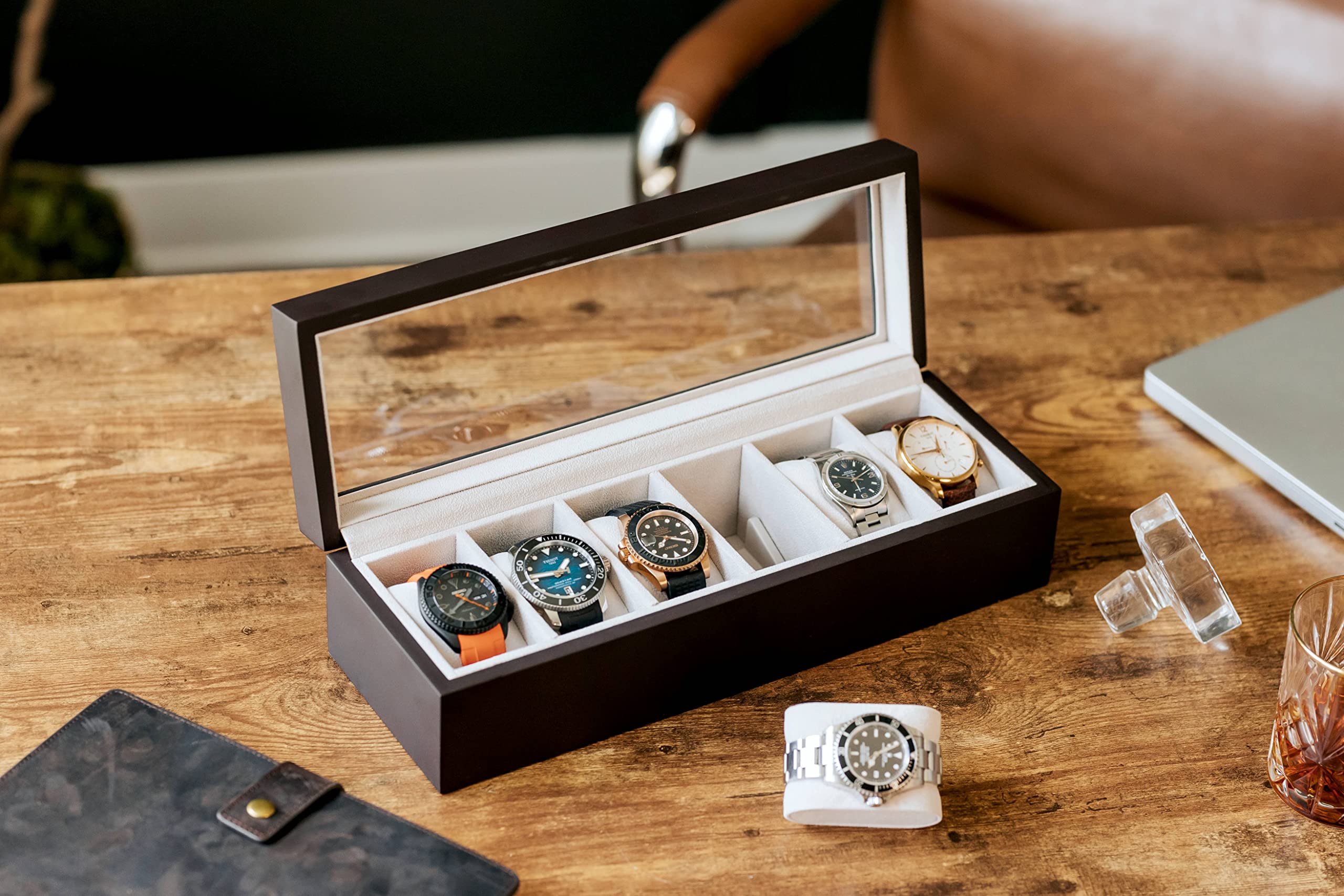 CASE ELEGANCE Solid Espresso Wood Watch Box Organizer with Glass Display Top