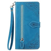 Wallet Case Compatible with Oppo Reno6 Pro 5G, Embossed Flower Leather Zipper Pocket Purse Case with 7 Card Slot for Oppo Reno6 Pro 5G (Blue)