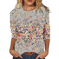 Womens Spring Tops, Going Out Tops Ladies and Blouses Shirts for Women Dressy Casual Women's Fashion Daily Versatile Casual Round Neck Three Quarter Sleeve Printed Top Basic (Light Gray,XL)