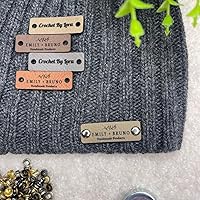Small Customized 1.5 x 0.5 in Faux Leather Product Tags with Rivets, Personalized Tags for Knitting and Crochet, Perfect for Handmade Hats Beanies Scarves & More