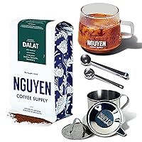 NGUYEN COFFEE SUPPLY - Dalat Arabica Ground Coffee, Glass Mug, Coffee Scoop Set, and Stainless Steel 4oz Phin Filter Set: Vietnamese Grown and Direct Trade Dark Roast Coffee with Authentic Vietnamese