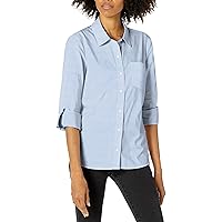 Tommy Hilfiger Women's Button Collared Shirt with Adjustable Sleeves, Cornell Blue Stripe, Medium