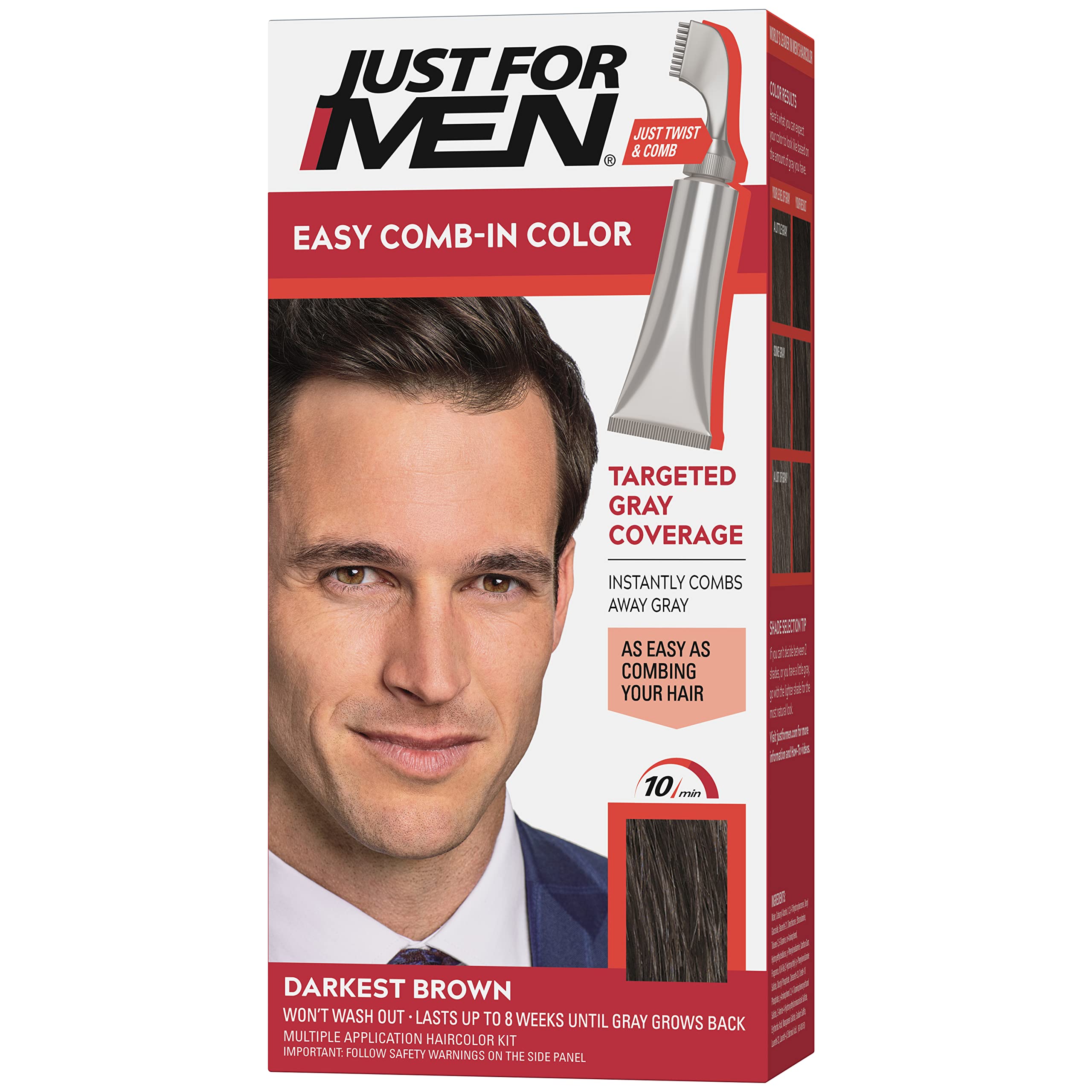 Just For Men Easy Comb-In Color Mens Hair Dye, Easy No Mix Application with Comb Applicator - Darkest Brown, A-50, Pack of 1