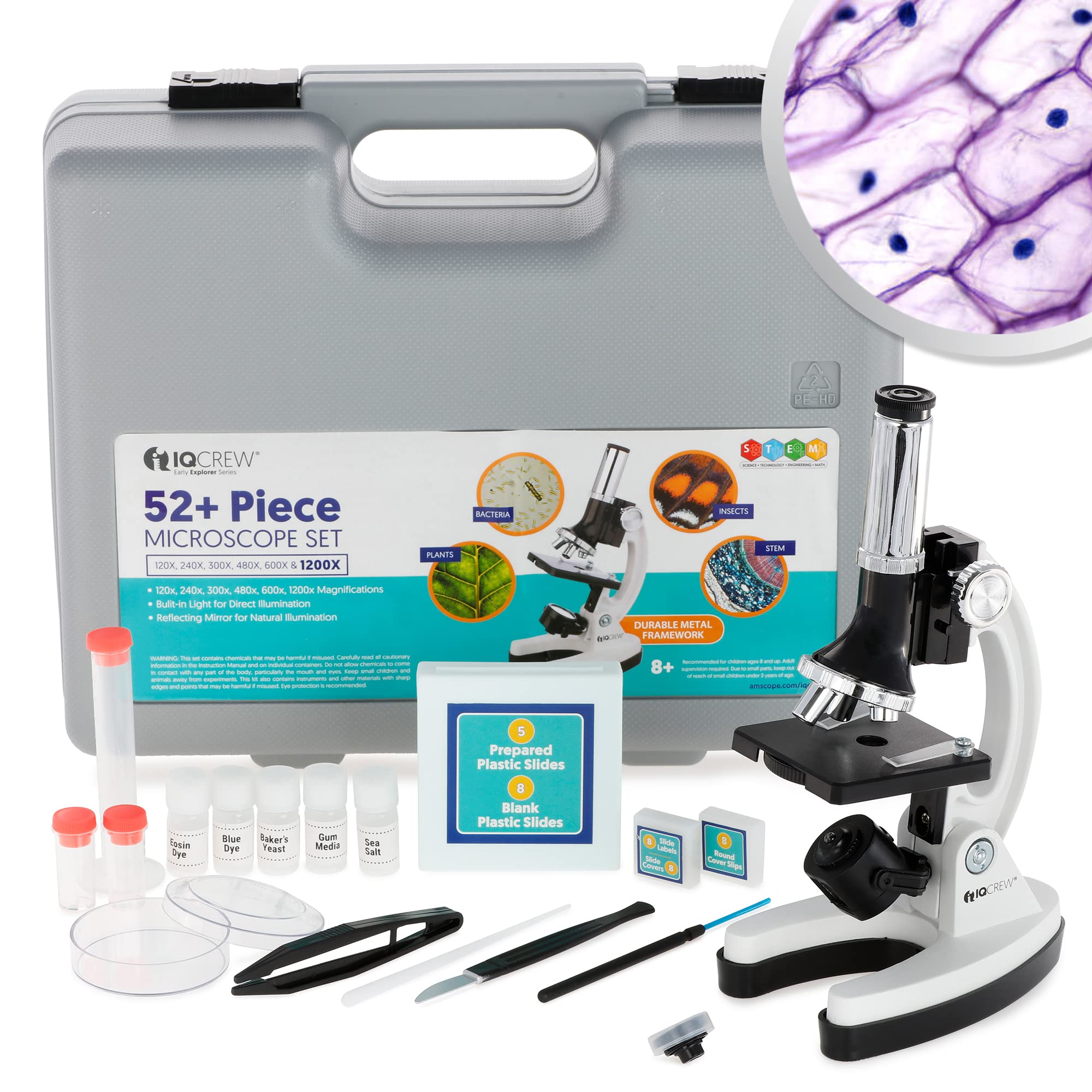 AmScope 120X-1200X 52-pcs Kids Beginner Microscope STEM Kit with Metal Body Microscope, Plastic Slides, LED Light and Carrying Box (M30-ABS-KT2-W),White