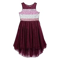 Girls' Sequin Stripe Illusion Neck Mesh High Low Dress, Pink, 12