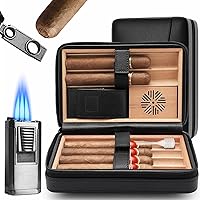 Cigar Humidor, Cigar Case with Cigar Lighter Cigar Holder and Cigar Punch, Leather cigar travel case 100% Cedar Wood Cigar Box, Black