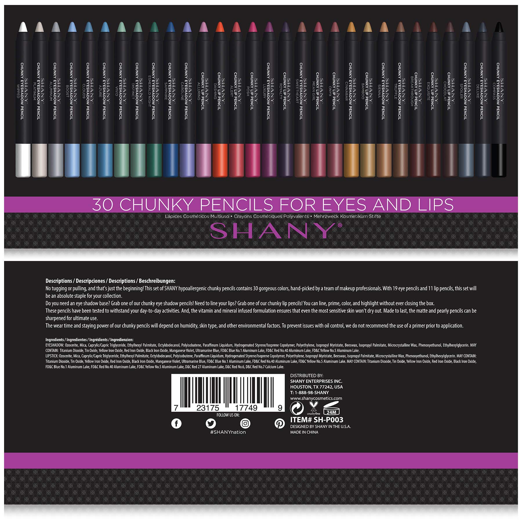 SHANY Multi-Use Chunky Pencils for Eye Shadow, Eyeliner, Lip Liner, Lipstick - W/Vitamin E & Aloe Vera - Set of 30 Colors