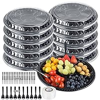10 Pieces Appetizer Serving Trays with Lids 12.5 Inches Disposable Veggie Fruit Tray 6 Divided Compartment Container Round Food Container Platter with Forks for Party Buffet（ Black ）
