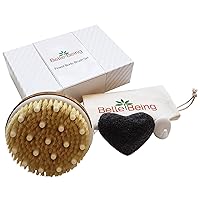 Dry Brush Set for Dry Brushing and Exfoliating. Natural Bristle Body Brush & Exfoliating Body Sponge Help With Lymphatic Drainage and Anti Cellulite Massager. Dry Brushing Set Also Includes Travel Bag