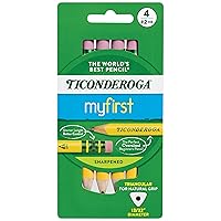 Ticonderoga My First Short Triangular Wood-Cased Pencils, 2 HB Soft, With Erasers, Yellow, 4 Count