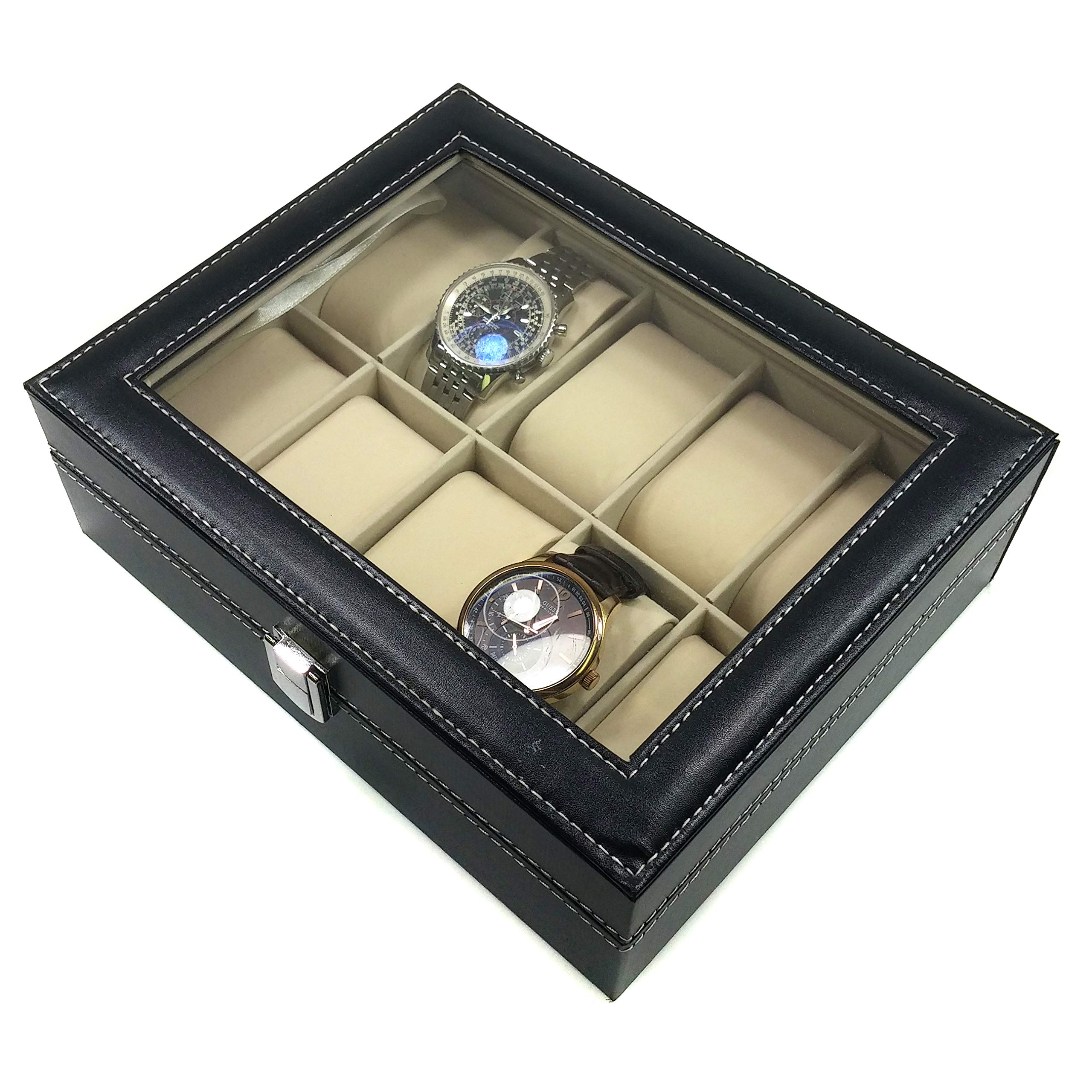 Science Purchase 78AMZN10GRID- Wild-us PU Leather 10 Grid Watch Display Box Jewelry Storage Organizer, Black with Keys