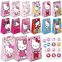 GRUSEMI 24Pcs Pink Cat Birthday Party Supplies, Cartoon Gift Bags with 12 Patterns, Cute Pink Party Favors Gift Bags Candy Bags for Girls Kids Birthday Party Decorations Pink