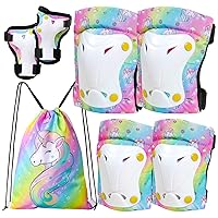FIODAY Knee Pads for Kids Unicorn Knee Elbow Pads Wrist Guards with Drawstring Bag Adjustable Protective Gear Set for Girls Boys Inline Skating Bike Cycling Skateboard Scooter, 3-8 Years, Rainbow