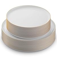 50 PCS Disposable Plastic Plates For Party, 25 8.5 In. Appetizer Plates And 25 10.5 In. Dinner Plates, White With Gold Rim Plates For Wedding Or Event, Heavy Duty