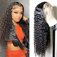26Inch Deep Wave Lace Front Wigs Human Hair 180% Density Brazilian Virgin 13x4 Deep Curly Wave Frontal Wig Humsn Hair for Black Women Natural Color(26Inch)