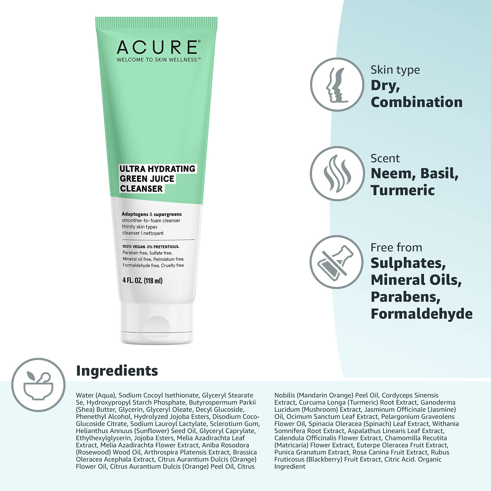 ACURE Ultra Hydrating Green Juice Cleanser | 100% Vegan | Intense Moisture for Super Thirsty Skin | Supergreens & Adaptogens - Purifies, Deep Cleanses & Refreshes | 4Fl Oz