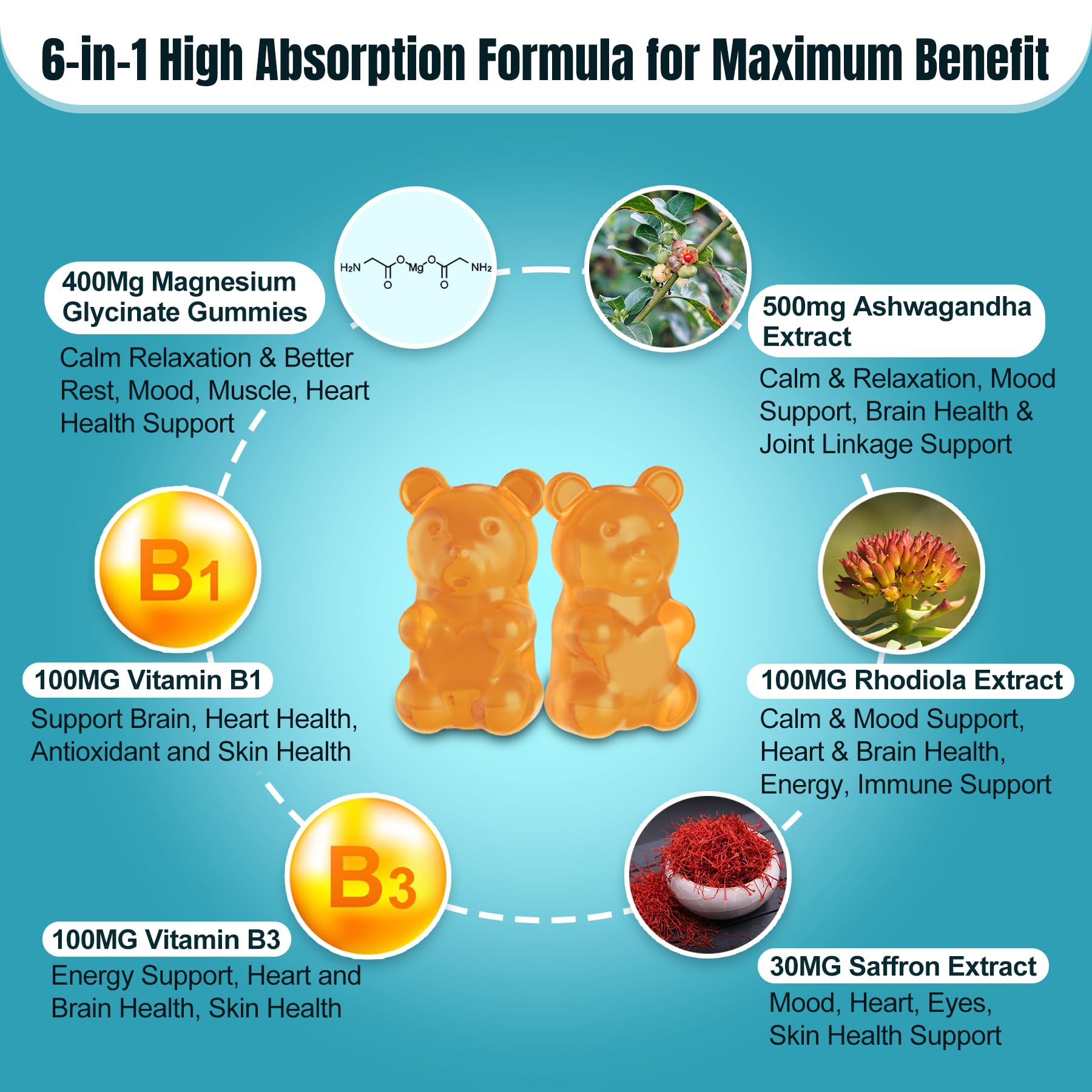 Magnesium Glycinate Gummies 400mg with Ashwagandha, B1, B3, Rhodiola Rosea & Saffron for Support Rest, Mood & Energy - Calm Magnesium Gummies for Adults, Chewable Magnesium Supplement, 120 Count