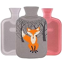 HomeTop Classic 2 Rubber Hot Water Bottles with Knit Fox Cover, Great for Pain Relief, Hot and Cold Therapy (2 Liters, Gray and Red)