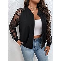 2022 Fashion Casual Ladies' Plus Size Jacket Plus Contrast Lace Raglan Sleeve Bomber Jacket Lovely Fashion Beautiful (Color : Black, Size : X-Large)