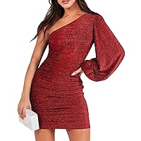 Women's One Shoulder Long Sleeve Sequin Lantern Long Sleeve Ruched Short Homecoming Dresses HOCO Party Dress