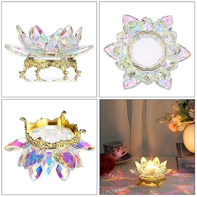 OwnMy Crystal Lotus Flower Candle Holder for Pillar Candle Up to 3, Decorative Glass Lotus Petal Votive Candle Holder Tea Light Holder Candle Stand