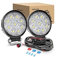 2PCS 27W Round Flood Driving Lamp Waterproof Jeep Off Road Fog Lights with Off Road Wiring Harness- 2 Leads