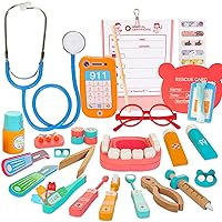 Wooden Dentist Kit for Kids, 41 Pieces Toy Medical Kit with Stethoscope & Medical Storage Bag, Montessori Pretend Doctor Kit Toys for 3 4 5 6 Years Old Boys Girls