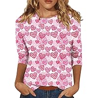 Womens 3/4 Length Sleeve Tops 2024, Valentines and Casual Fashion Style Shirts Crew Neck Loose-Fitting Blouses