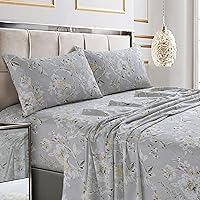 Tribeca Living Queen Bed Sheet Set, Soft Cotton Sateen Printed Sheets Floral Print, Extra Deep Pocket, 300 Thread Count, 4-Piece Bedding Sets, Colmar Silver Grey/Multi, (COLM4PSSQUSG)