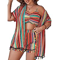 Verdusa Women's 3 Piece Outfits Short Sleeve Open Front Kimono and Boho Cami Top and Tassel Trim Tropical Shorts Set