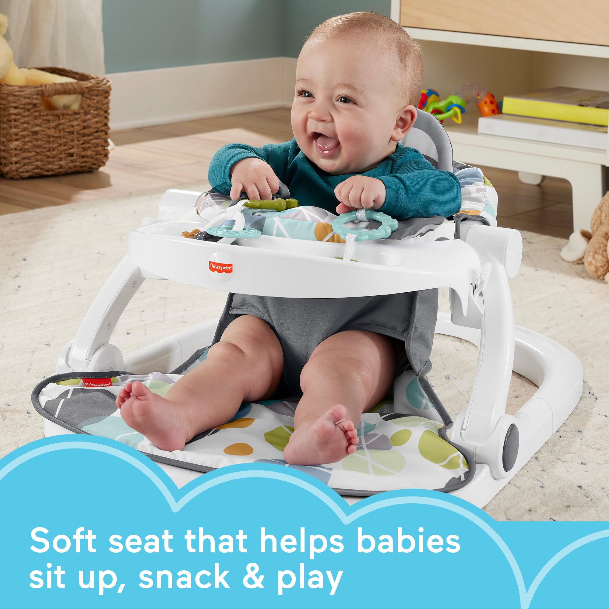 Fisher-Price Baby Portable Chair with Snack Tray, Sit Me Up Floor Seat with Linkable Clacker & Teether Toys, Cute Sloth