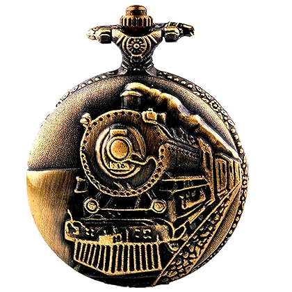 Picvadee Unisex Antique Case Vintage Brass Rib Chain Quartz Pocket Watch Train NT004