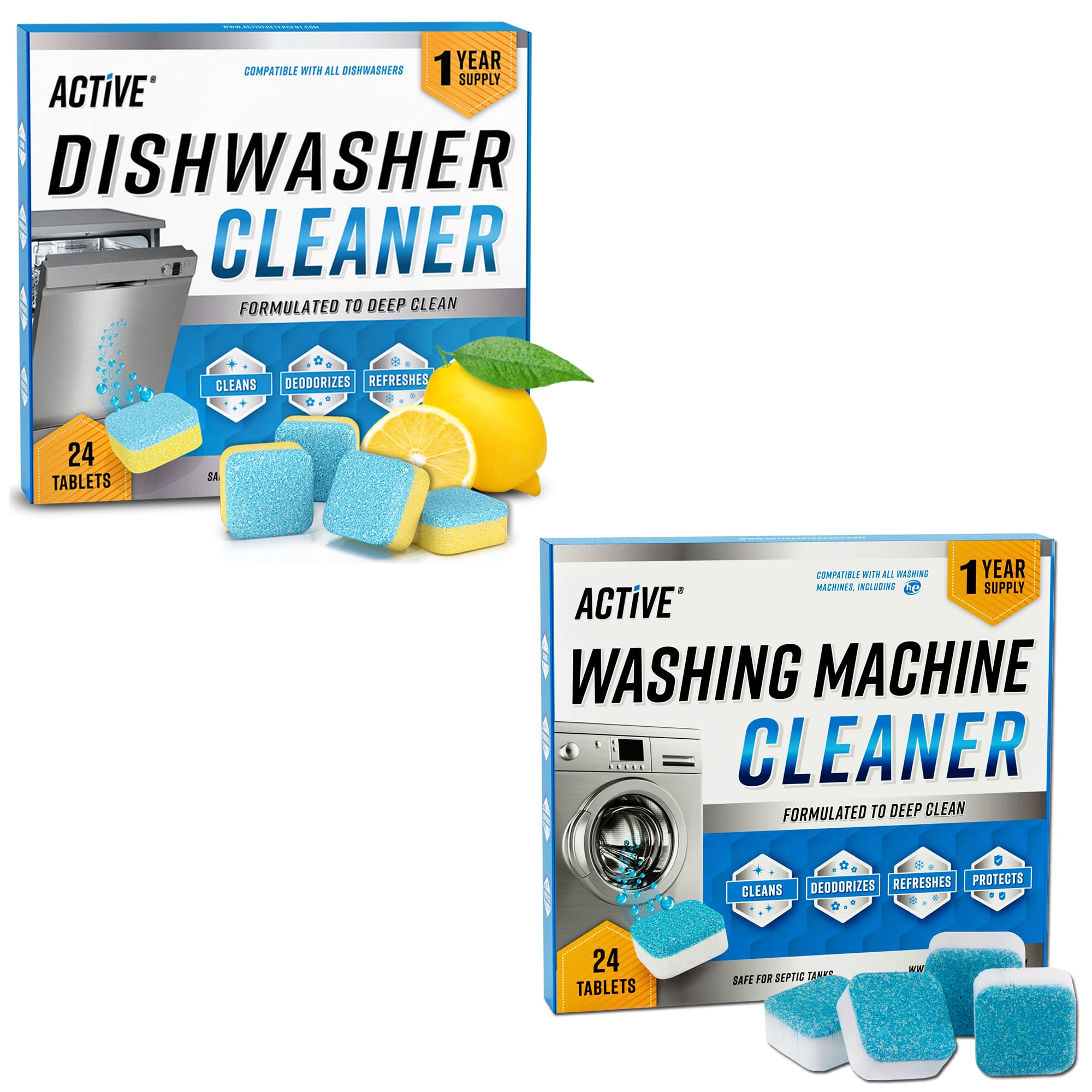 ACTIVE Washing Machine And Dishwasher Cleaning Tablets Bundle - Includes 12 Month Supply Dishwasher Cleaner Deodorizer & Washing Machine Descaler Deep Cleaning Tablets - 48 Tablet Combo