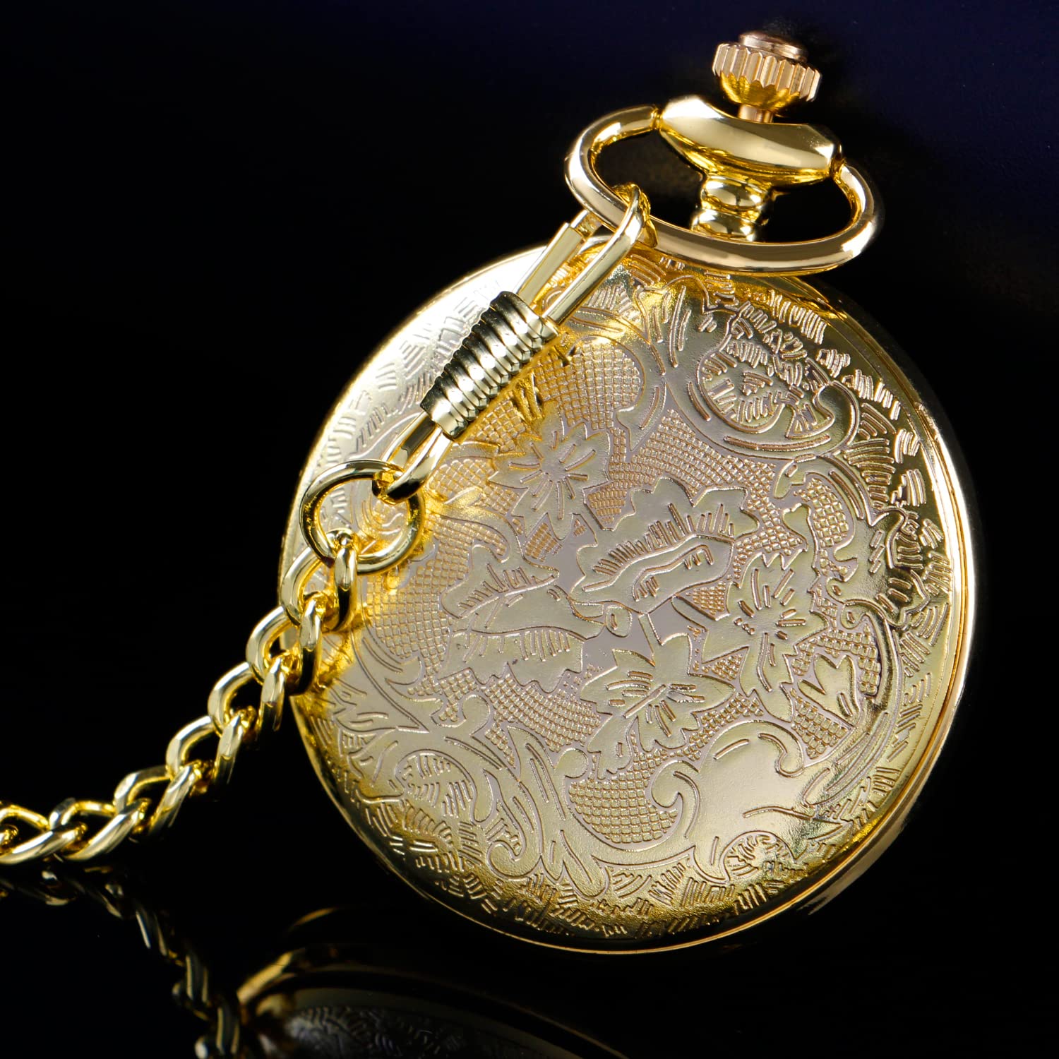 Realpoo Both Sides Gold Carved Flower Quartz Pocket Watch Quartz Movement, Quartz Pocket Watches with Chain Clip for Men-Gold