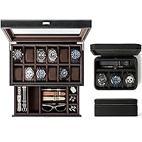 TAWBURY GIFT SET | Bayswater 12 Slot Watch Box with Drawer (Black) and Fraser 3 Watch Travel Case with Storage (Black)