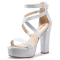 IDIFU Women's Platform Chunky High Heels Dress Sandals Open Toe Ankle Strap Strappy Wedding Bridal Party Dance Shoes For Women Bride
