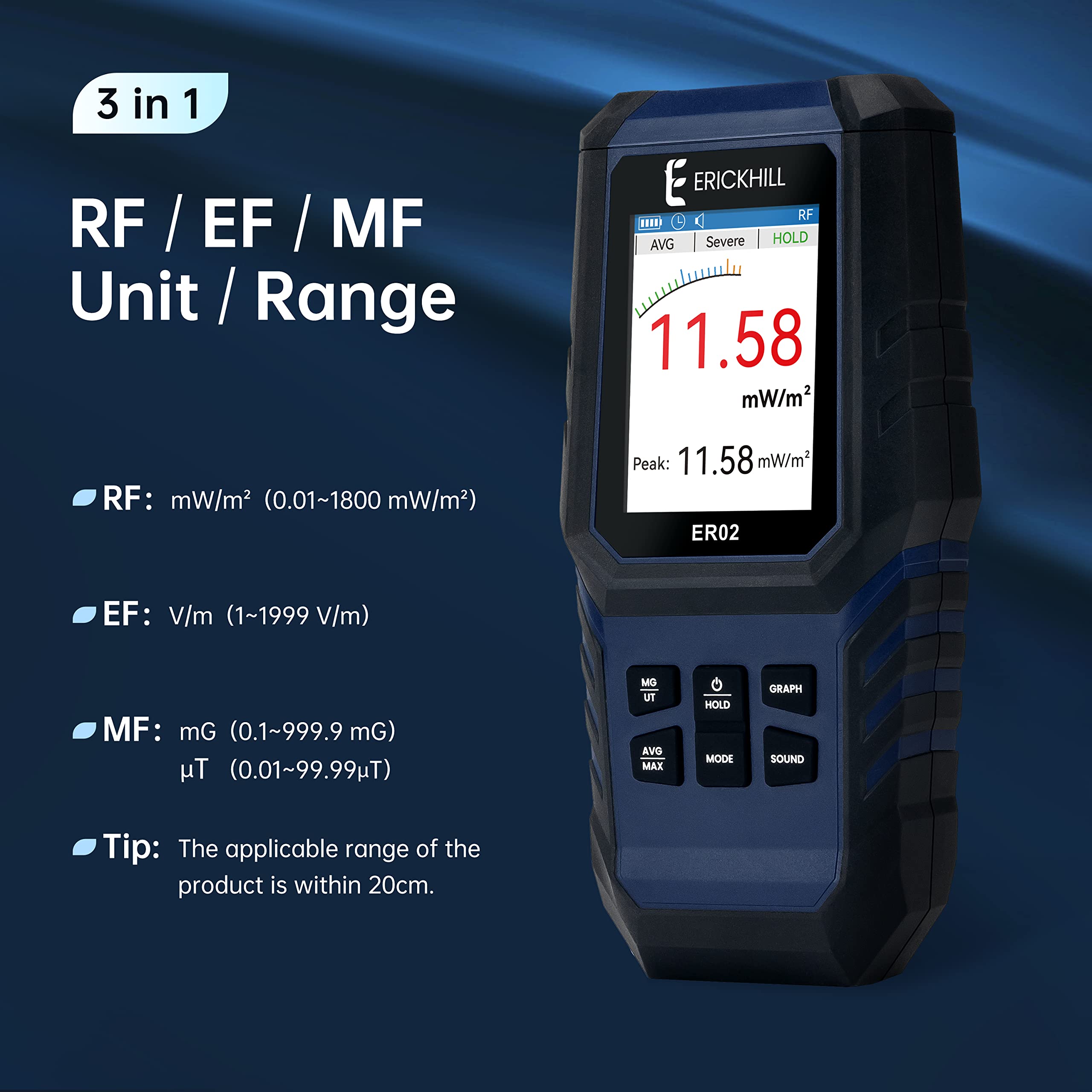 ERICKHILL EMF Meter,3-in-1Rechargeable Digital Electromagnetic Field Radiation Detector for EF RF MF,5G Cell Tower, WiFi Signal Detector, for Home&Office EMF Inspections, and Ghost Hunting