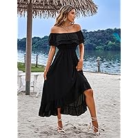 Dresses for Women - Off Shoulder Layered Trim Ruffle Hem Dress (Color : Black, Size : Small)