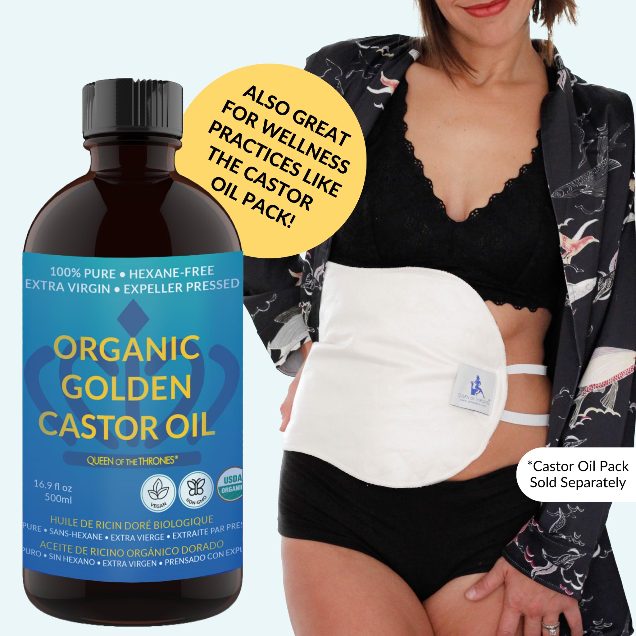 QUEEN OF THE THRONES Organic Golden Castor Oil - 500mL (16.9oz) | 100% Pure & Expeller Pressed for Hair, Skin & Digestion | Hexane Free | USDA Certified