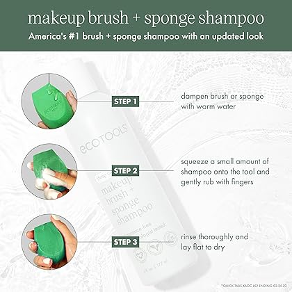 EcoTools Makeup Brush and Sponge Shampoo, Removes Makeup, Dirt, & Impurities From Makeup Brushes & Beauty Sponges, Fragrance-Free, Vegan, & Cruelty-Free, 6 fl.oz./ 177 ml, Packaging May Vary, 1 Count